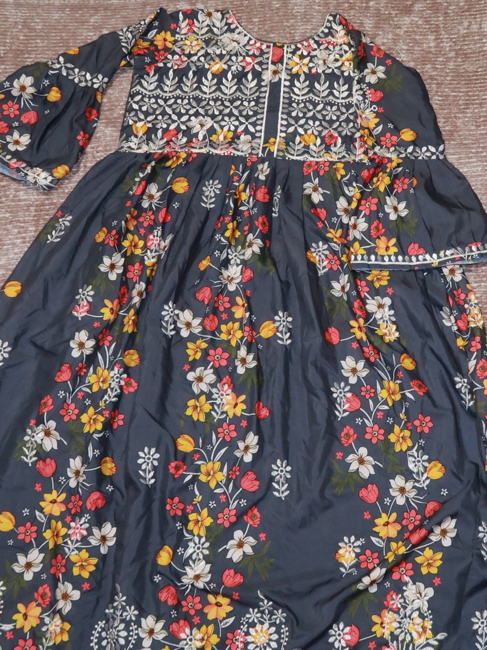 Gray Floral Long Sleeve Kaftan with Yellow & Pink Accents